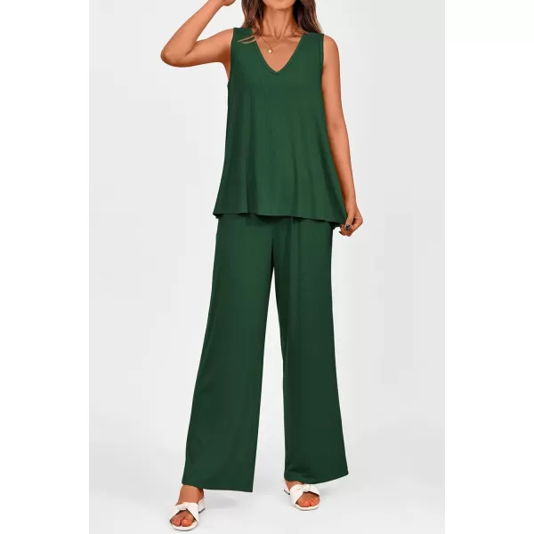 imagePRETTYGARDEN Womens 2 Piece Summer Tracksuits Sleeveless V Neck Tank Top Wide Leg Pants Casual Knit Outfit SetsDark Green