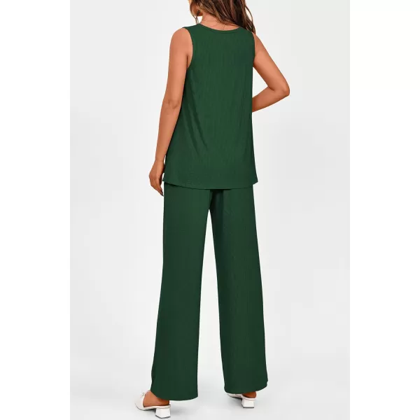 imagePRETTYGARDEN Womens 2 Piece Summer Tracksuits Sleeveless V Neck Tank Top Wide Leg Pants Casual Knit Outfit SetsDark Green