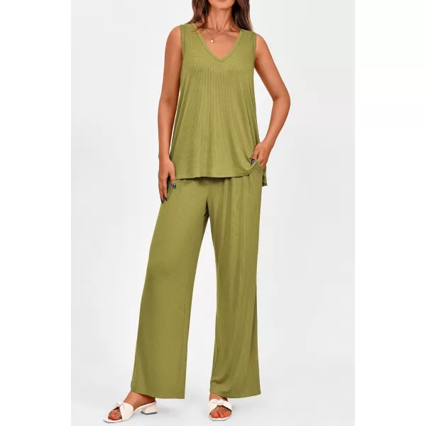 imagePRETTYGARDEN Womens 2 Piece Summer Tracksuits Sleeveless V Neck Tank Top Wide Leg Pants Casual Knit Outfit SetsGrass Green