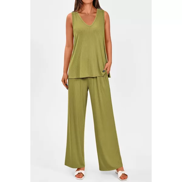 imagePRETTYGARDEN Womens 2 Piece Summer Tracksuits Sleeveless V Neck Tank Top Wide Leg Pants Casual Knit Outfit SetsGrass Green