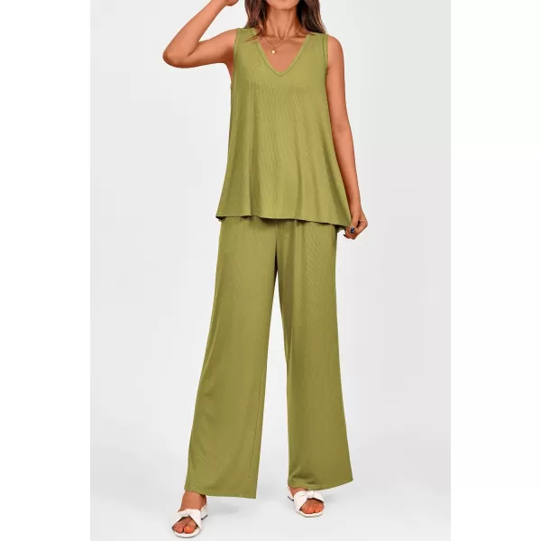 imagePRETTYGARDEN Womens 2 Piece Summer Tracksuits Sleeveless V Neck Tank Top Wide Leg Pants Casual Knit Outfit SetsGrass Green
