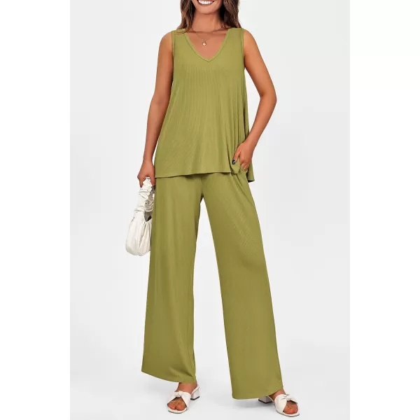 imagePRETTYGARDEN Womens 2 Piece Summer Tracksuits Sleeveless V Neck Tank Top Wide Leg Pants Casual Knit Outfit SetsGrass Green