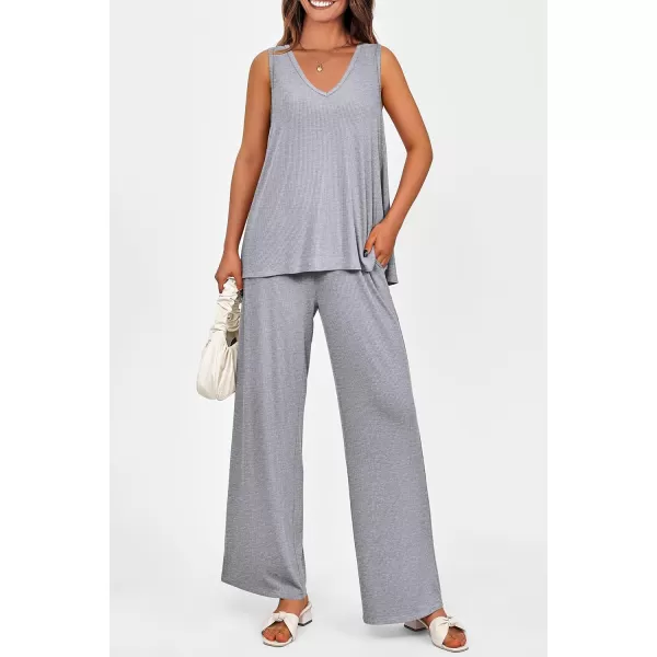 imagePRETTYGARDEN Womens 2 Piece Summer Tracksuits Sleeveless V Neck Tank Top Wide Leg Pants Casual Knit Outfit SetsGrey