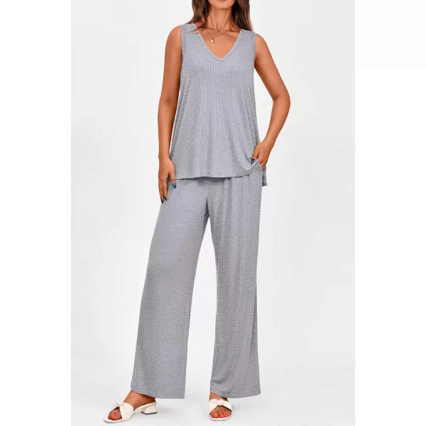 imagePRETTYGARDEN Womens 2 Piece Summer Tracksuits Sleeveless V Neck Tank Top Wide Leg Pants Casual Knit Outfit SetsGrey
