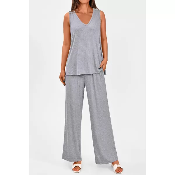 imagePRETTYGARDEN Womens 2 Piece Summer Tracksuits Sleeveless V Neck Tank Top Wide Leg Pants Casual Knit Outfit SetsGrey