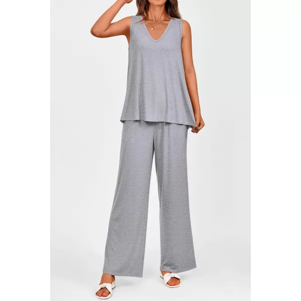 imagePRETTYGARDEN Womens 2 Piece Summer Tracksuits Sleeveless V Neck Tank Top Wide Leg Pants Casual Knit Outfit SetsGrey