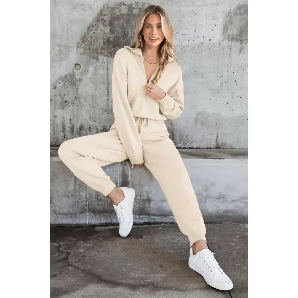 imagePRETTYGARDEN Womens 2 Piece Sweater Set Pullover Zip Up Sweatshirt Jogger Sweatpants Tracksuit Casual OutfitBeige