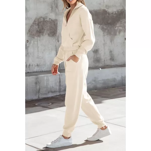 imagePRETTYGARDEN Womens 2 Piece Sweater Set Pullover Zip Up Sweatshirt Jogger Sweatpants Tracksuit Casual OutfitBeige