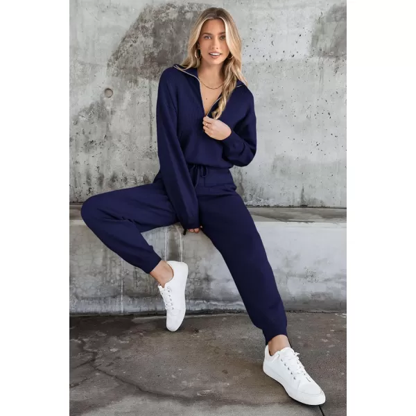imagePRETTYGARDEN Womens 2 Piece Sweater Set Pullover Zip Up Sweatshirt Jogger Sweatpants Tracksuit Casual OutfitDark Blue