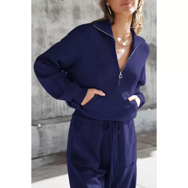 imagePRETTYGARDEN Womens 2 Piece Sweater Set Pullover Zip Up Sweatshirt Jogger Sweatpants Tracksuit Casual OutfitDark Blue
