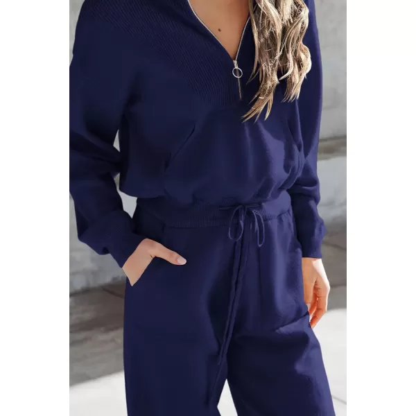 imagePRETTYGARDEN Womens 2 Piece Sweater Set Pullover Zip Up Sweatshirt Jogger Sweatpants Tracksuit Casual OutfitDark Blue