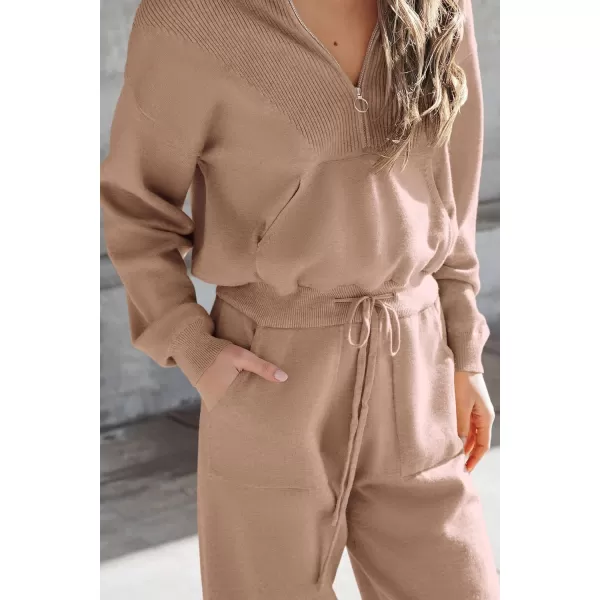 imagePRETTYGARDEN Womens 2 Piece Sweater Set Pullover Zip Up Sweatshirt Jogger Sweatpants Tracksuit Casual OutfitKhaki