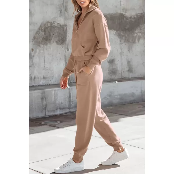 imagePRETTYGARDEN Womens 2 Piece Sweater Set Pullover Zip Up Sweatshirt Jogger Sweatpants Tracksuit Casual OutfitKhaki