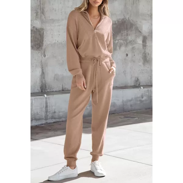 imagePRETTYGARDEN Womens 2 Piece Sweater Set Pullover Zip Up Sweatshirt Jogger Sweatpants Tracksuit Casual OutfitKhaki