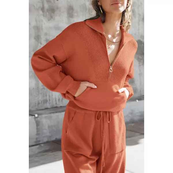 imagePRETTYGARDEN Womens 2 Piece Sweater Set Pullover Zip Up Sweatshirt Jogger Sweatpants Tracksuit Casual OutfitOrange Red