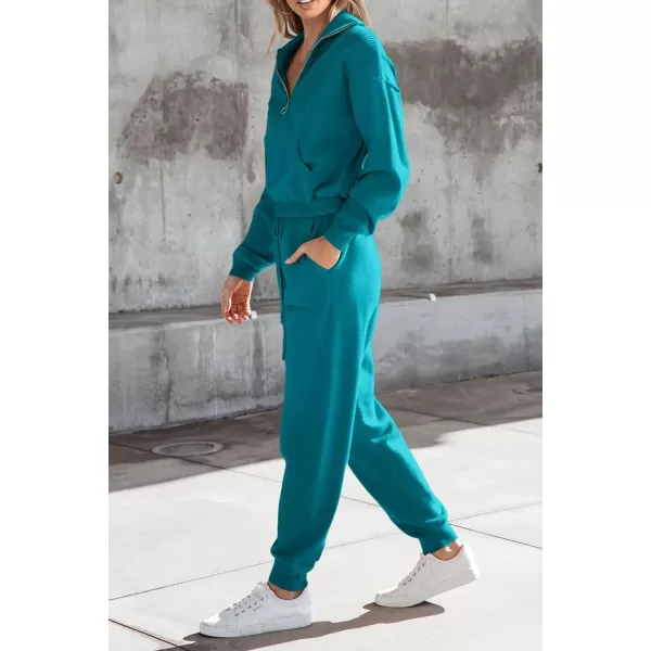imagePRETTYGARDEN Womens 2 Piece Sweater Set Pullover Zip Up Sweatshirt Jogger Sweatpants Tracksuit Casual OutfitPeacock Blue