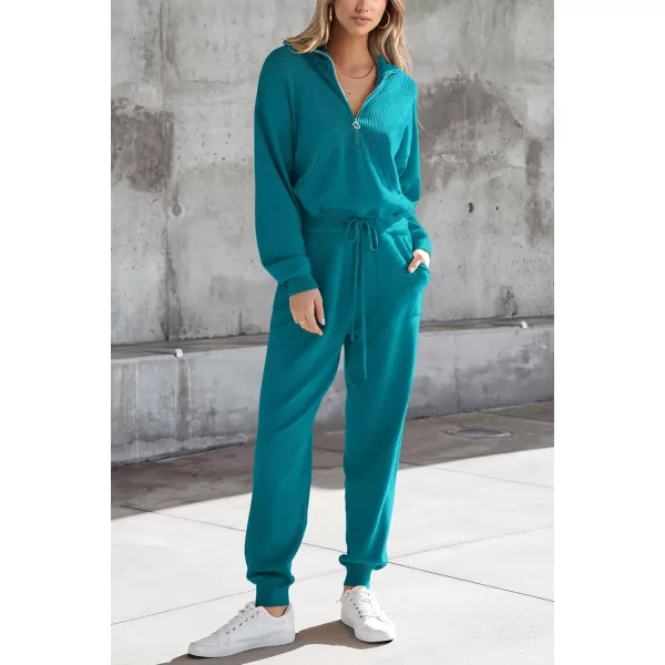 imagePRETTYGARDEN Womens 2 Piece Sweater Set Pullover Zip Up Sweatshirt Jogger Sweatpants Tracksuit Casual OutfitPeacock Blue