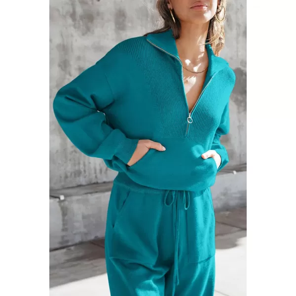 imagePRETTYGARDEN Womens 2 Piece Sweater Set Pullover Zip Up Sweatshirt Jogger Sweatpants Tracksuit Casual OutfitPeacock Blue