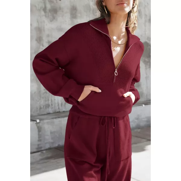 imagePRETTYGARDEN Womens 2 Piece Sweater Set Pullover Zip Up Sweatshirt Jogger Sweatpants Tracksuit Casual OutfitWine Red