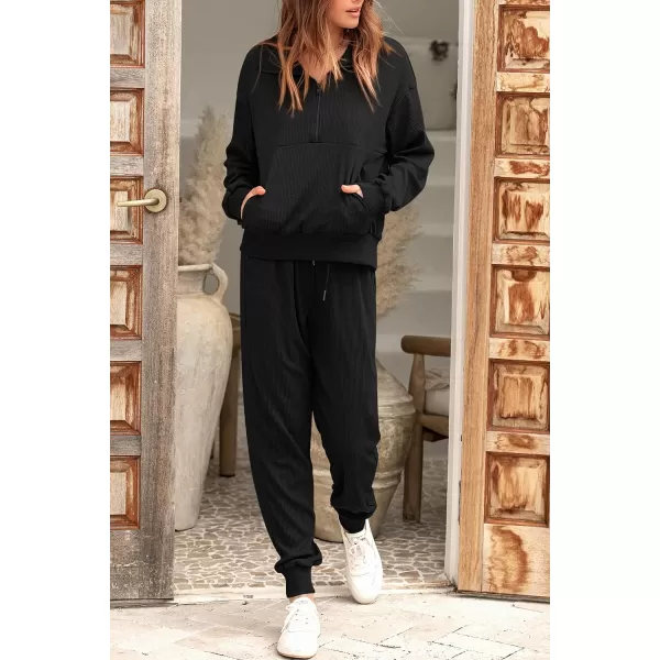 imagePRETTYGARDEN Womens 2 Piece Sweatsuits Set Long Sleeve Half Zip Pullover Sweatshirt Joggers Sweatpants Fall Outfits TracksuitBlack