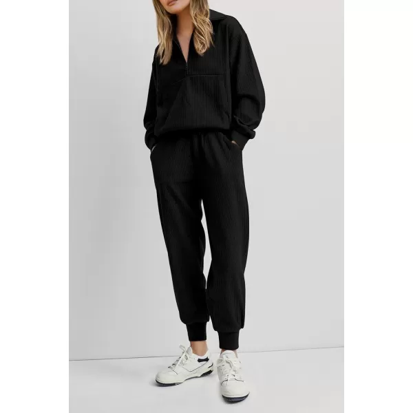 imagePRETTYGARDEN Womens 2 Piece Sweatsuits Set Long Sleeve Half Zip Pullover Sweatshirt Joggers Sweatpants Fall Outfits TracksuitBlack