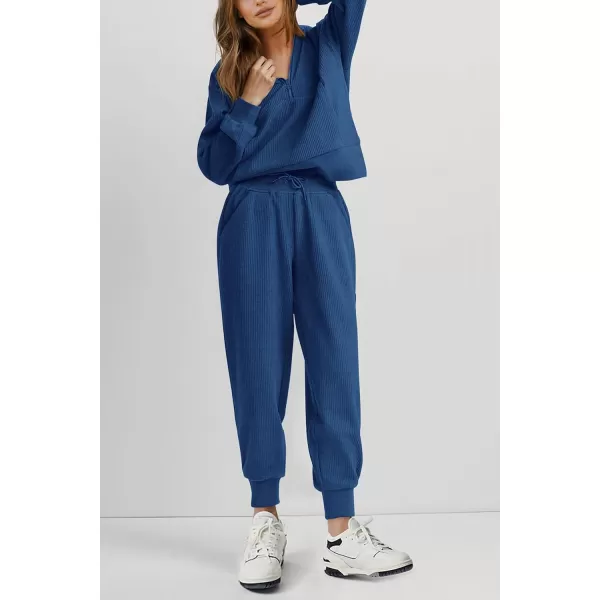 imagePRETTYGARDEN Womens 2 Piece Sweatsuits Set Long Sleeve Half Zip Pullover Sweatshirt Joggers Sweatpants Fall Outfits TracksuitDark Blue