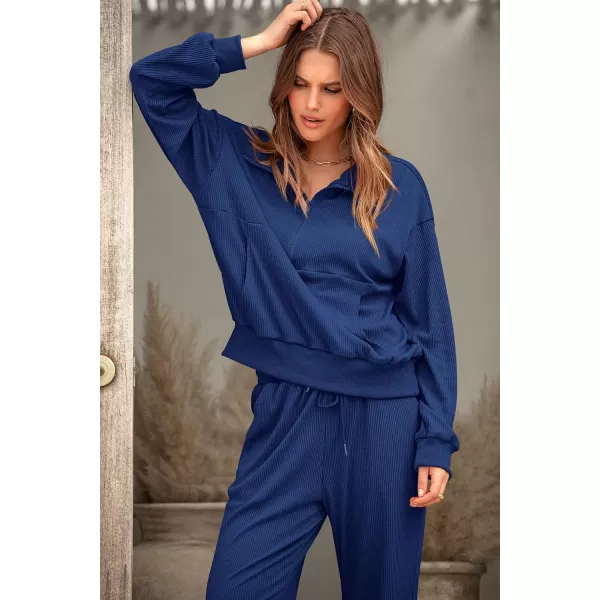 imagePRETTYGARDEN Womens 2 Piece Sweatsuits Set Long Sleeve Half Zip Pullover Sweatshirt Joggers Sweatpants Fall Outfits TracksuitDark Blue