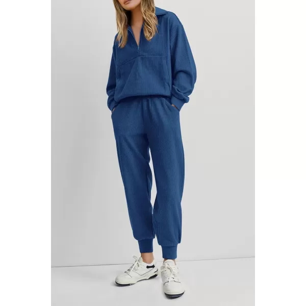 imagePRETTYGARDEN Womens 2 Piece Sweatsuits Set Long Sleeve Half Zip Pullover Sweatshirt Joggers Sweatpants Fall Outfits TracksuitDark Blue