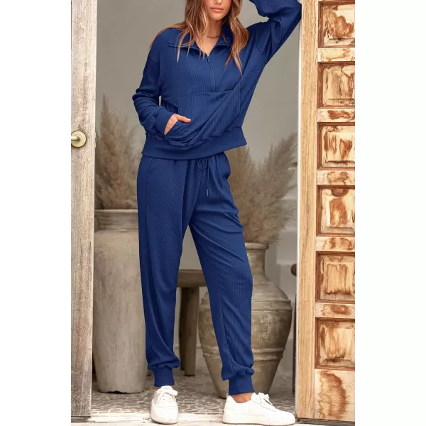 imagePRETTYGARDEN Womens 2 Piece Sweatsuits Set Long Sleeve Half Zip Pullover Sweatshirt Joggers Sweatpants Fall Outfits TracksuitDark Blue
