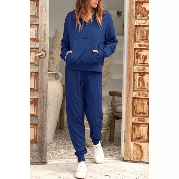 imagePRETTYGARDEN Womens 2 Piece Sweatsuits Set Long Sleeve Half Zip Pullover Sweatshirt Joggers Sweatpants Fall Outfits TracksuitDark Blue