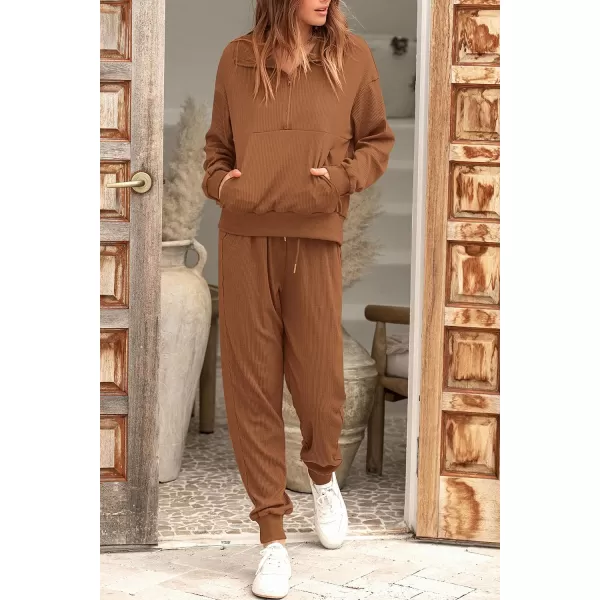 imagePRETTYGARDEN Womens 2 Piece Sweatsuits Set Long Sleeve Half Zip Pullover Sweatshirt Joggers Sweatpants Fall Outfits TracksuitDark Khaki