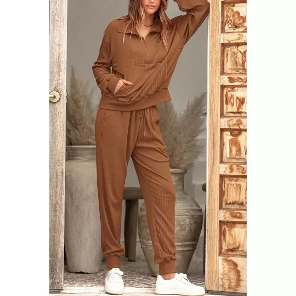 imagePRETTYGARDEN Womens 2 Piece Sweatsuits Set Long Sleeve Half Zip Pullover Sweatshirt Joggers Sweatpants Fall Outfits TracksuitDark Khaki