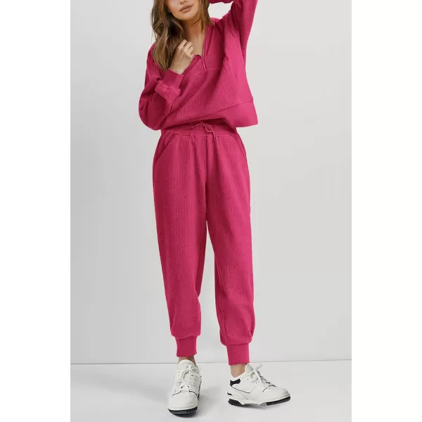 imagePRETTYGARDEN Womens 2 Piece Sweatsuits Set Long Sleeve Half Zip Pullover Sweatshirt Joggers Sweatpants Fall Outfits TracksuitRose Red