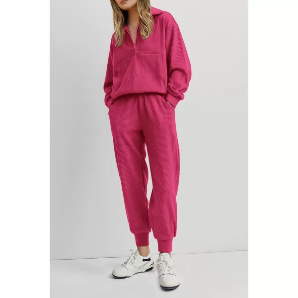 imagePRETTYGARDEN Womens 2 Piece Sweatsuits Set Long Sleeve Half Zip Pullover Sweatshirt Joggers Sweatpants Fall Outfits TracksuitRose Red