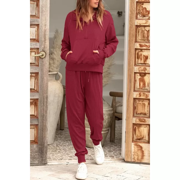 imagePRETTYGARDEN Womens 2 Piece Sweatsuits Set Long Sleeve Half Zip Pullover Sweatshirt Joggers Sweatpants Fall Outfits TracksuitWine Red