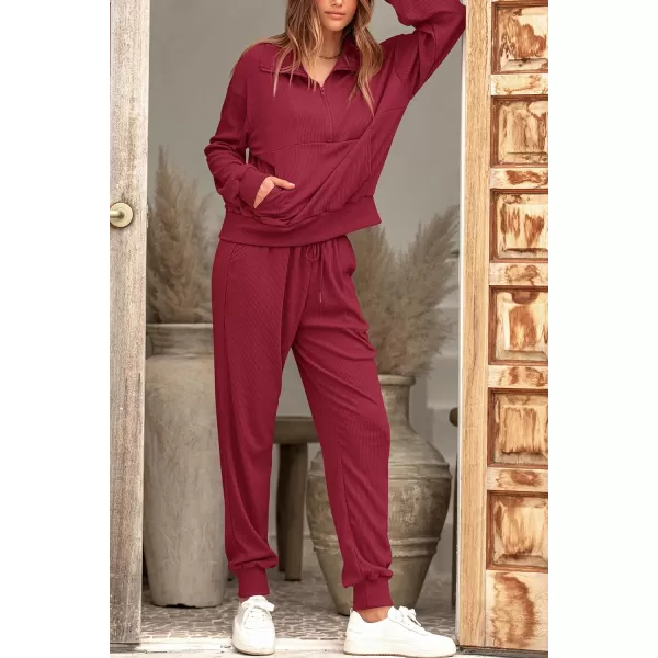 imagePRETTYGARDEN Womens 2 Piece Sweatsuits Set Long Sleeve Half Zip Pullover Sweatshirt Joggers Sweatpants Fall Outfits TracksuitWine Red