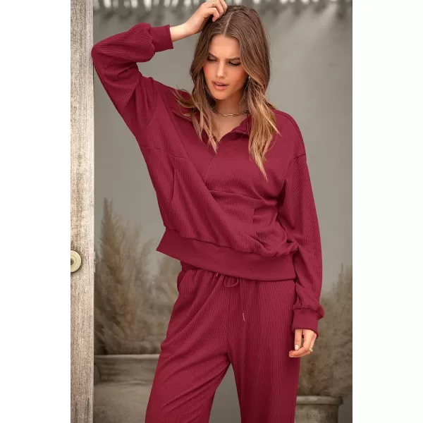 imagePRETTYGARDEN Womens 2 Piece Sweatsuits Set Long Sleeve Half Zip Pullover Sweatshirt Joggers Sweatpants Fall Outfits TracksuitWine Red