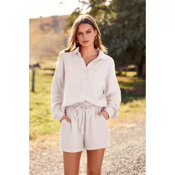 imagePRETTYGARDEN Womens 2 Piece Tracksuit Outfit Long Sleeve Blouse High Waisted Drawstring Shorts Loungewear SetBeige