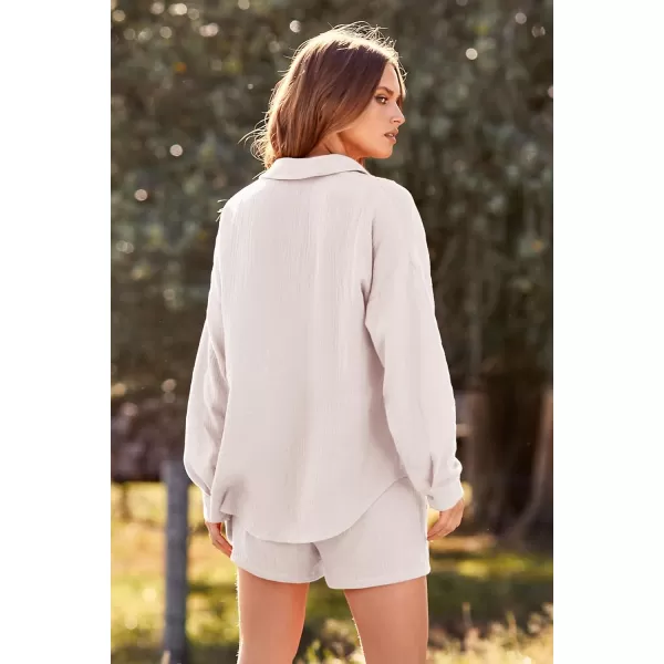 imagePRETTYGARDEN Womens 2 Piece Tracksuit Outfit Long Sleeve Blouse High Waisted Drawstring Shorts Loungewear SetBeige