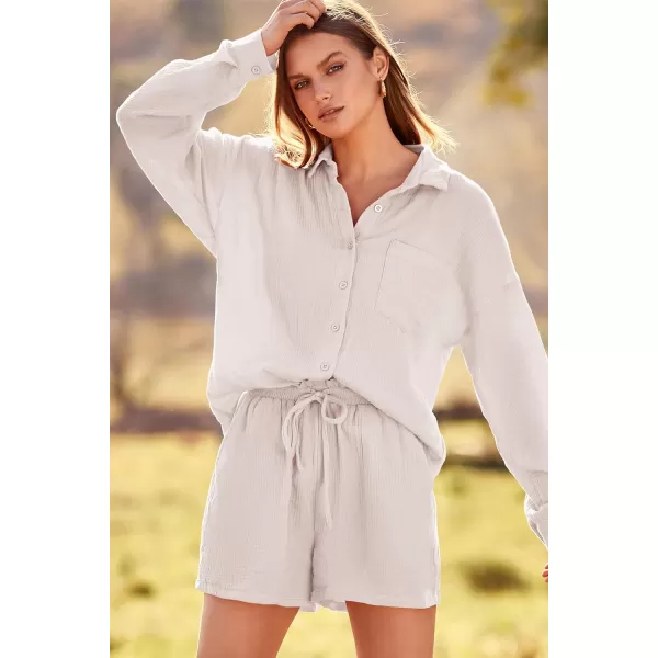imagePRETTYGARDEN Womens 2 Piece Tracksuit Outfit Long Sleeve Blouse High Waisted Drawstring Shorts Loungewear SetBeige