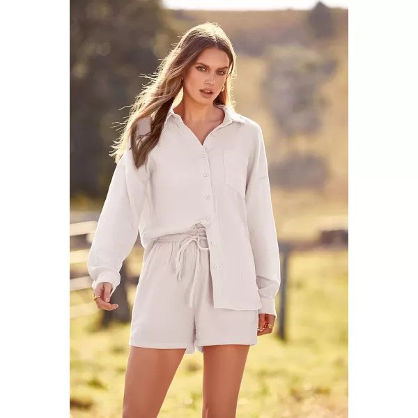 imagePRETTYGARDEN Womens 2 Piece Tracksuit Outfit Long Sleeve Blouse High Waisted Drawstring Shorts Loungewear SetBeige