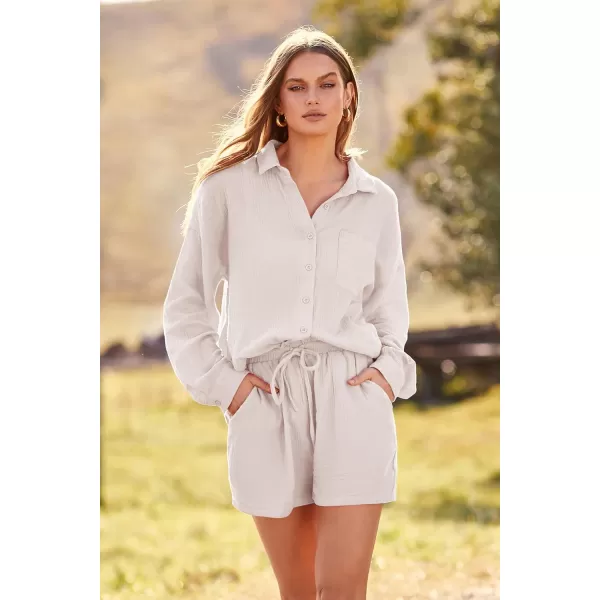 imagePRETTYGARDEN Womens 2 Piece Tracksuit Outfit Long Sleeve Blouse High Waisted Drawstring Shorts Loungewear SetBeige