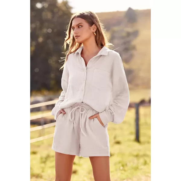 imagePRETTYGARDEN Womens 2 Piece Tracksuit Outfit Long Sleeve Blouse High Waisted Drawstring Shorts Loungewear SetBeige