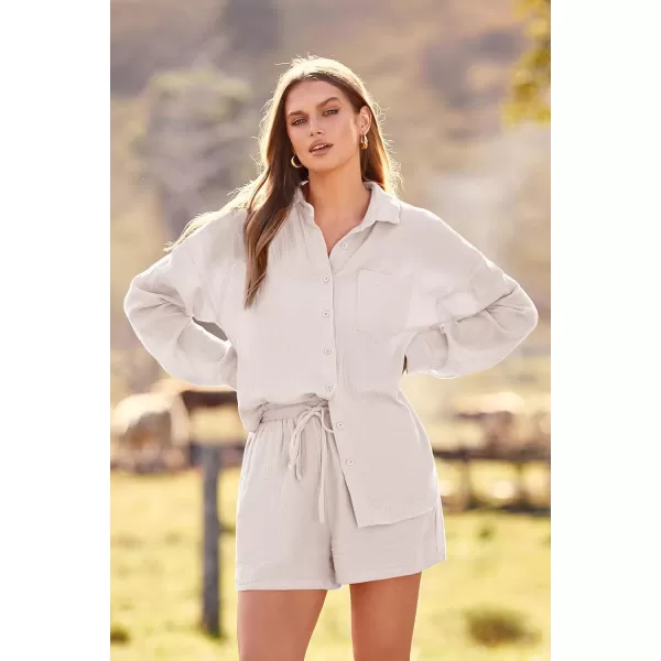 imagePRETTYGARDEN Womens 2 Piece Tracksuit Outfit Long Sleeve Blouse High Waisted Drawstring Shorts Loungewear SetBeige
