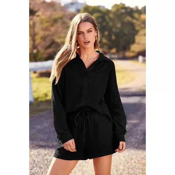 imagePRETTYGARDEN Womens 2 Piece Tracksuit Outfit Long Sleeve Blouse High Waisted Drawstring Shorts Loungewear SetBlack