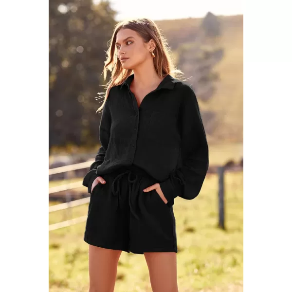 imagePRETTYGARDEN Womens 2 Piece Tracksuit Outfit Long Sleeve Blouse High Waisted Drawstring Shorts Loungewear SetBlack