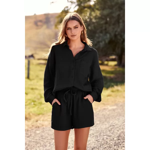 imagePRETTYGARDEN Womens 2 Piece Tracksuit Outfit Long Sleeve Blouse High Waisted Drawstring Shorts Loungewear SetBlack