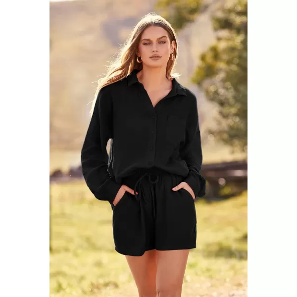 imagePRETTYGARDEN Womens 2 Piece Tracksuit Outfit Long Sleeve Blouse High Waisted Drawstring Shorts Loungewear SetBlack