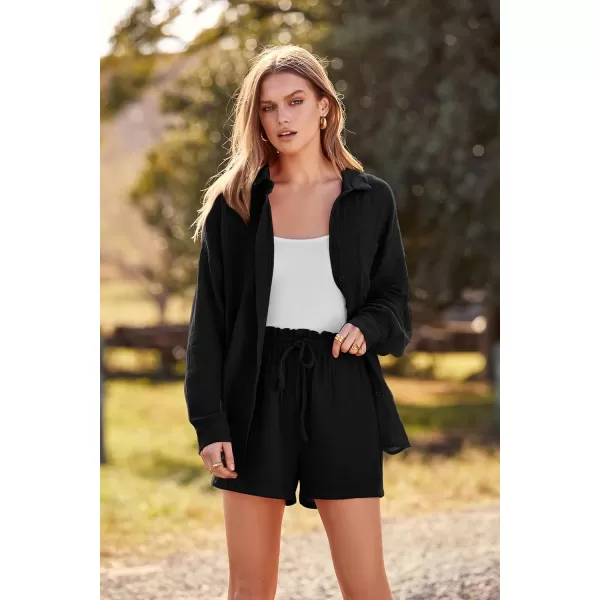 imagePRETTYGARDEN Womens 2 Piece Tracksuit Outfit Long Sleeve Blouse High Waisted Drawstring Shorts Loungewear SetBlack