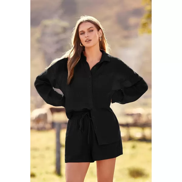 imagePRETTYGARDEN Womens 2 Piece Tracksuit Outfit Long Sleeve Blouse High Waisted Drawstring Shorts Loungewear SetBlack